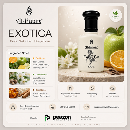 Al-Nuaim Exotica fragrance bottle with product details on a light gray background