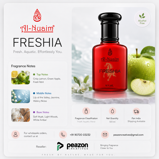 Al-Nuaim Freshia perfume bottle with fragrance notes and product details on a white background