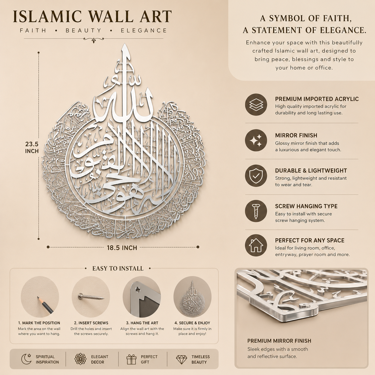 Premium Ayat al-Kursi acrylic wall decor with mirror finish, dimensions, and wall mounting details.