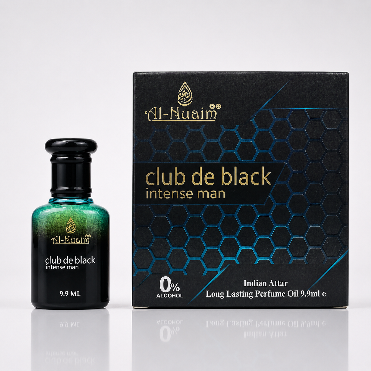 Al-Nuaim Club de Black Intense Man perfume bottle and packaging on a white background