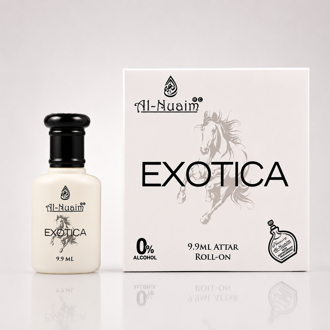 Al-Nuaim Exotica attar roll-on bottle and packaging on a white background