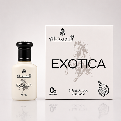Al-Nuaim Exotica attar roll-on bottle and packaging on a white background