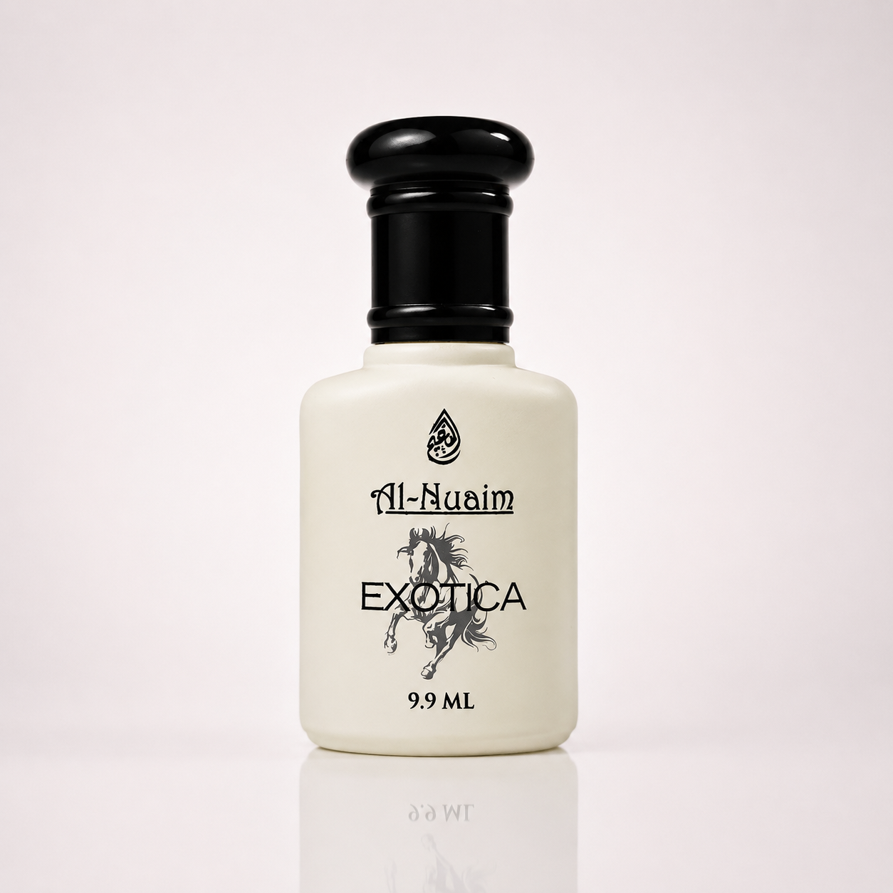 White bottle of Al-Nuaim Exotica perfume with black cap on a light gray background