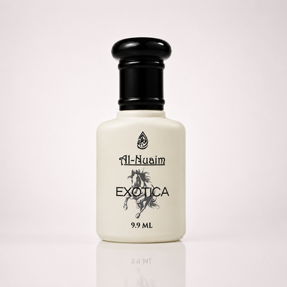 White bottle of Al-Nuaim Exotica perfume with black cap on a light gray background