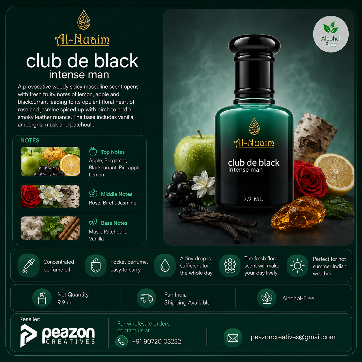 Al-Nuaim club de black intense man perfume bottle with product details on a dark background