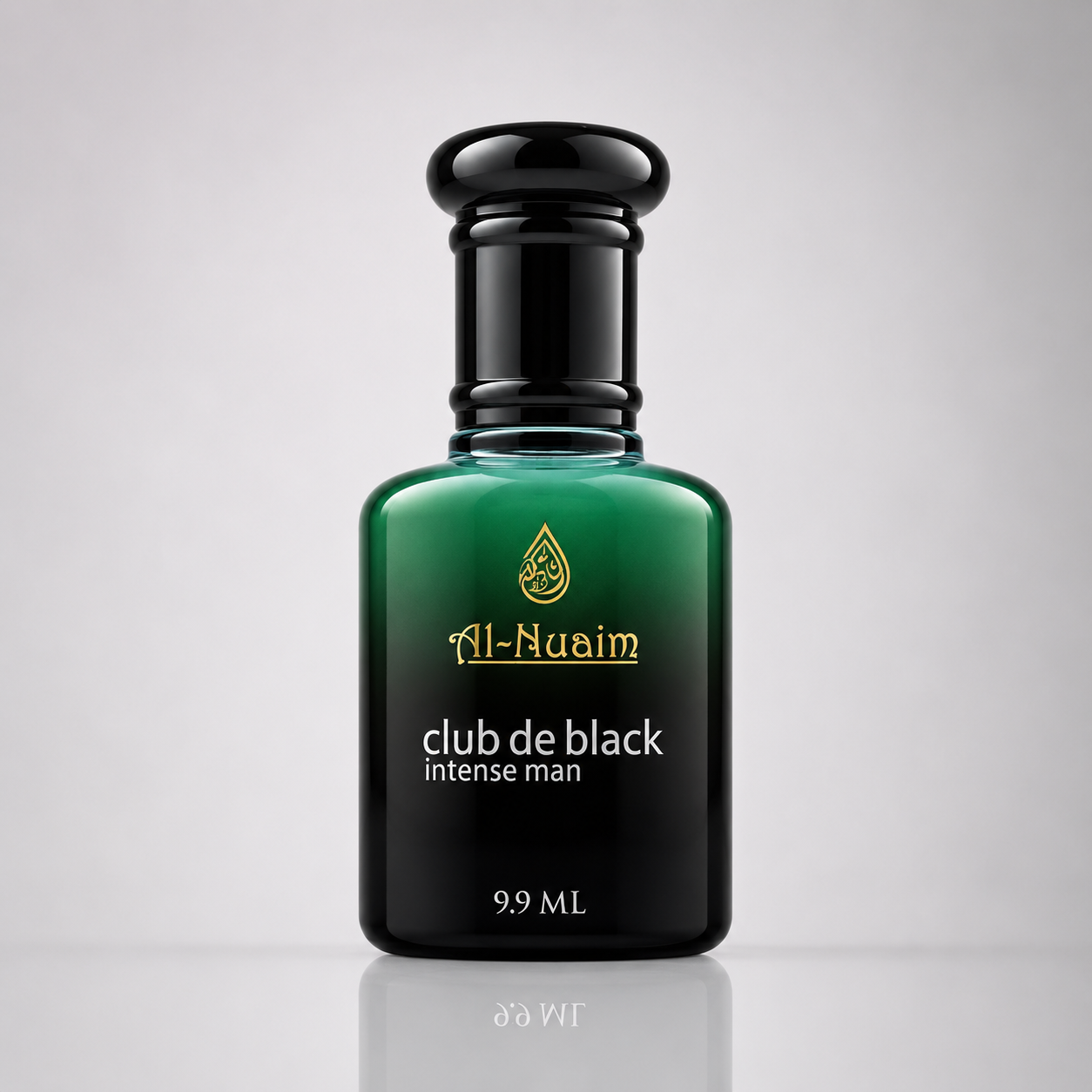 Perfume bottle labeled 'Al Nuaim Club de Black Intense Man' on a gray background