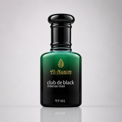 Perfume bottle labeled 'Al Nuaim Club de Black Intense Man' on a gray background