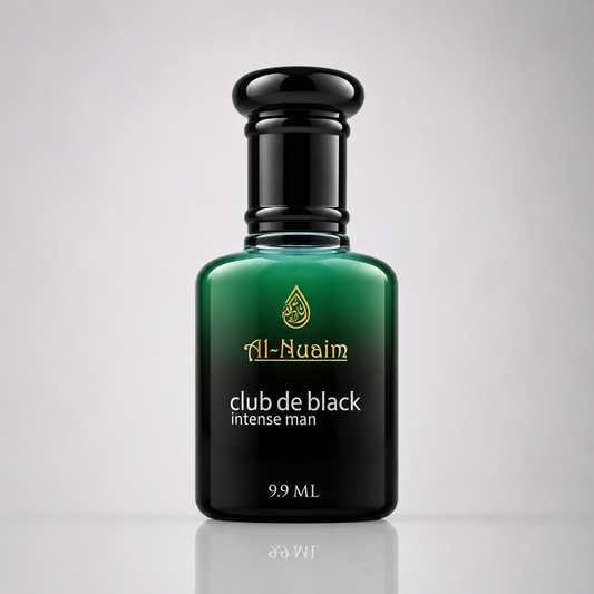 Perfume bottle labeled 'Al Nuaim Club de Black Intense Man' on a gray background