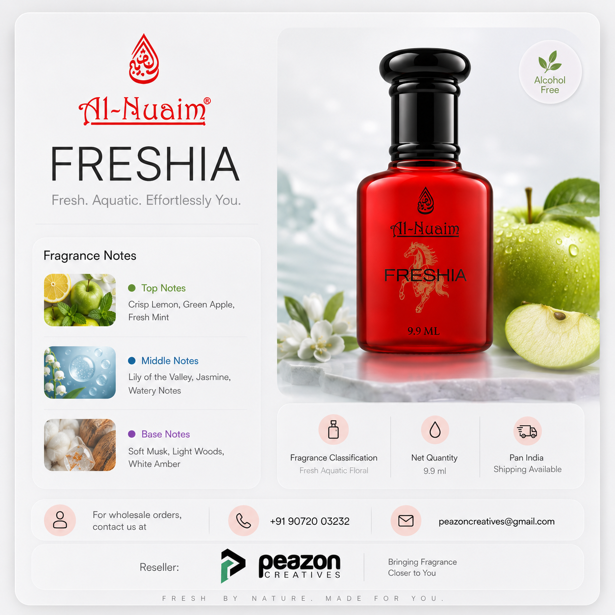Al-Nuaim Freshia perfume bottle with fragrance notes and product details on a white background