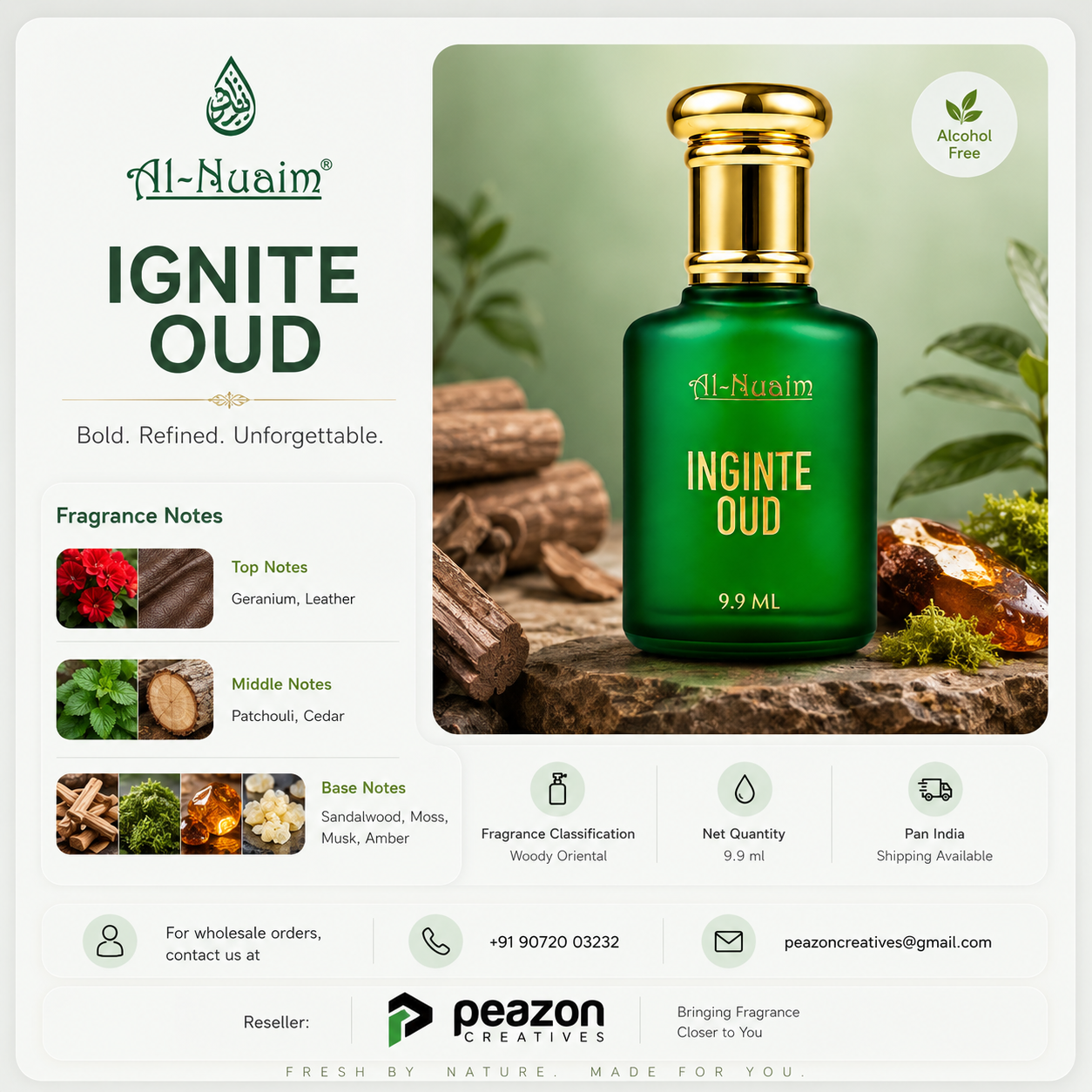 Green perfume bottle labeled 'Ignite Oud' by Al Nuaim with product details on a white background.
