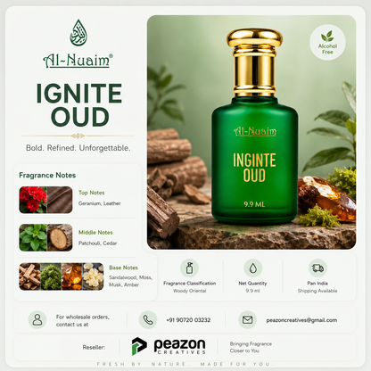 Green perfume bottle labeled 'Ignite Oud' by Al Nuaim with product details on a white background.