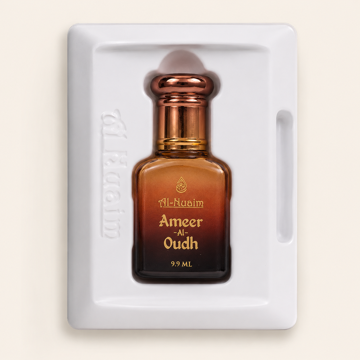 Perfume bottle labeled 'Ameer Al Oudh' by Al Nuaim on a white tray with a beige background