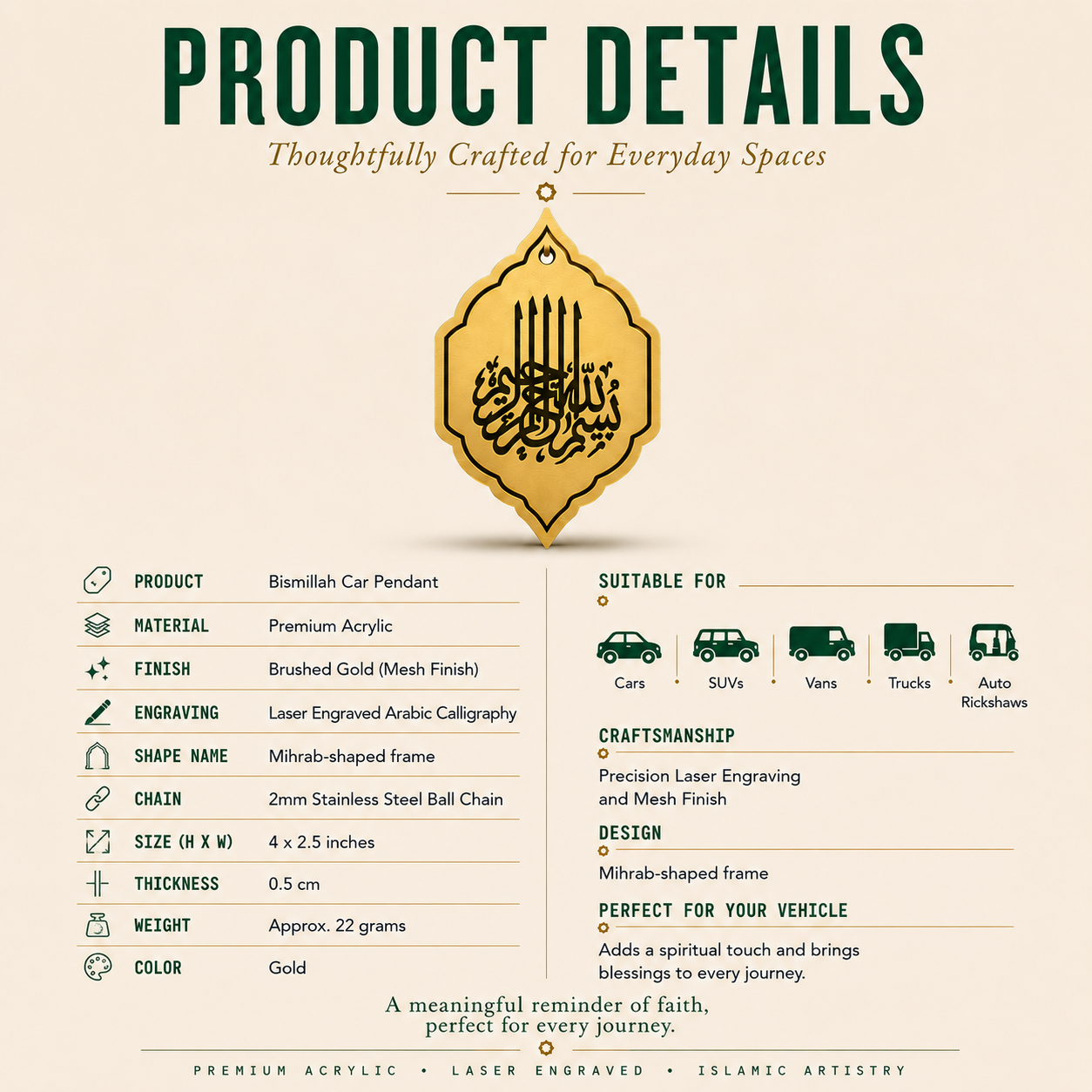 Placement Details of Bismillah Car Pendant Mesh Gold Acrylic Pendant