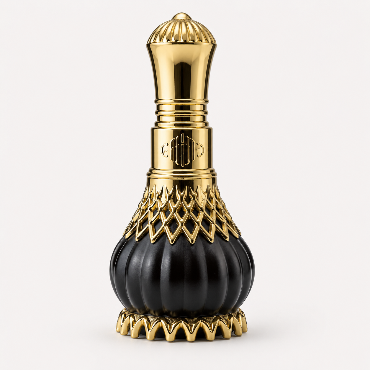 Black and gold perfume bottle of Al Nuaim Imperial Valley Perfume on a white background