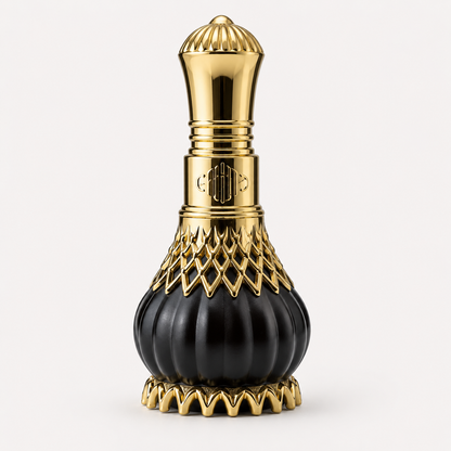 Black and gold perfume bottle of Al Nuaim Imperial Valley Perfume on a white background