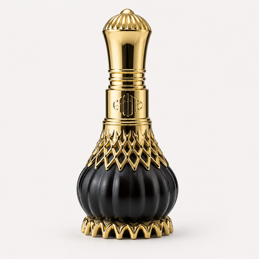 Black and gold perfume bottle of Al Nuaim Imperial Valley Perfume on a white background
