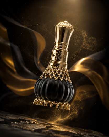 Black and gold perfume bottle with decorative design on a dark background