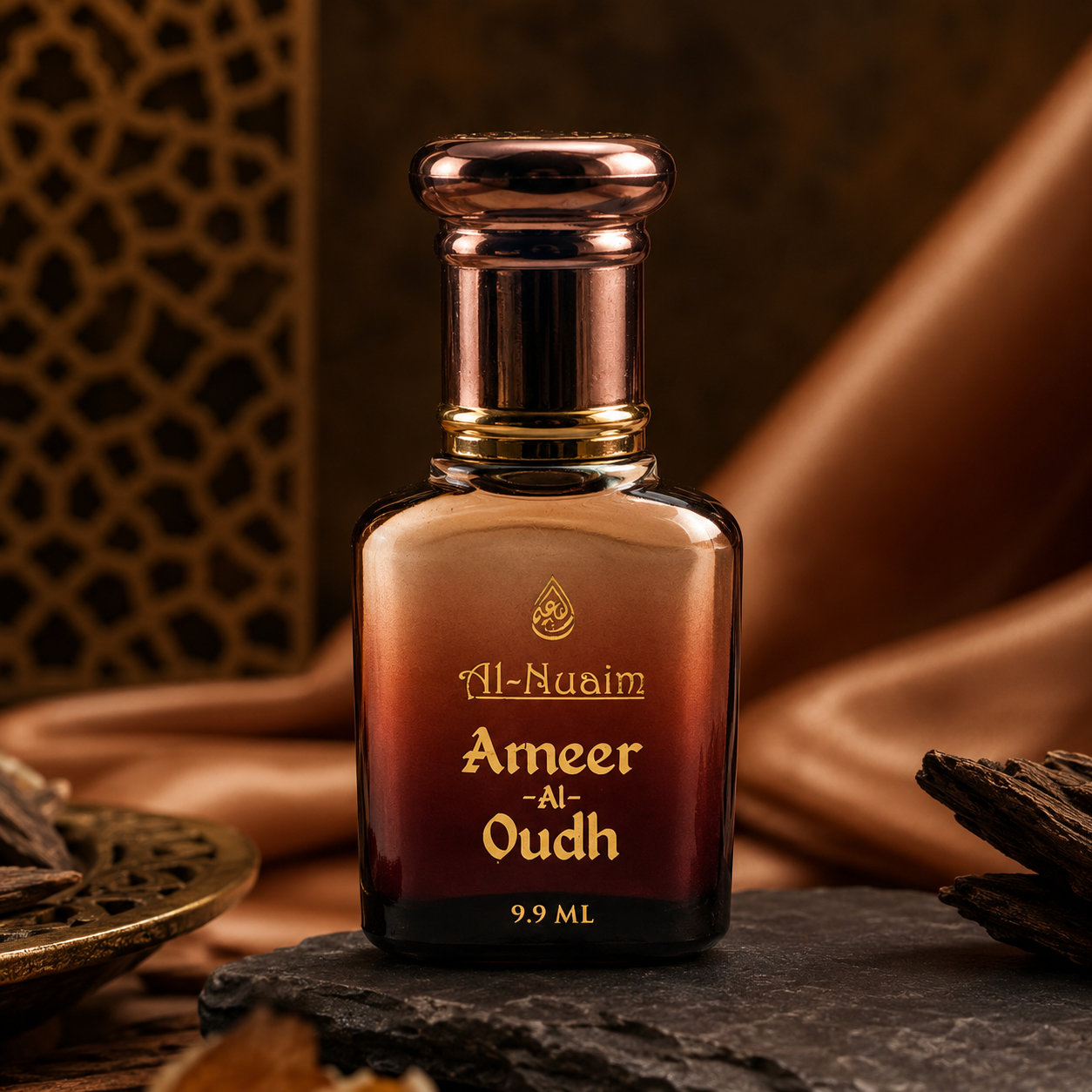Al-Nuaim Ameer Al-Oudh perfume bottle with gold cap on a dark surface.