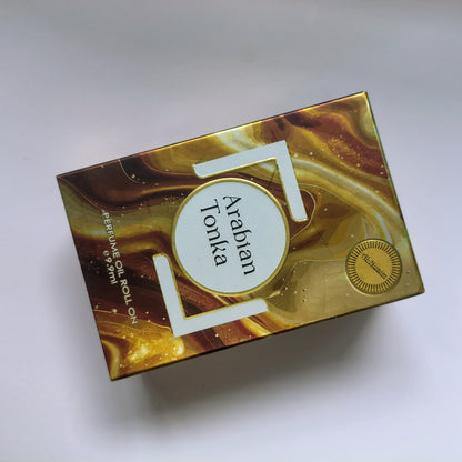 Box of Arabian Tonka perfume oil roll-on on a white background