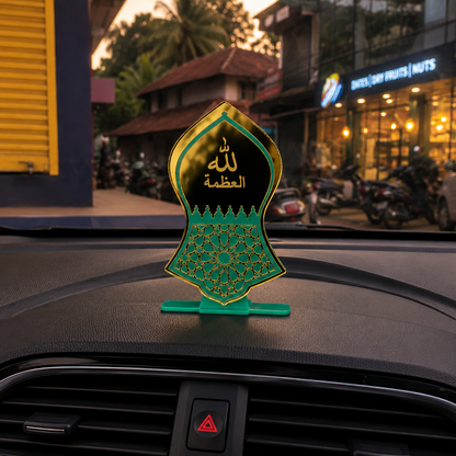Decorative car emblem on a car dashboard with a city street background