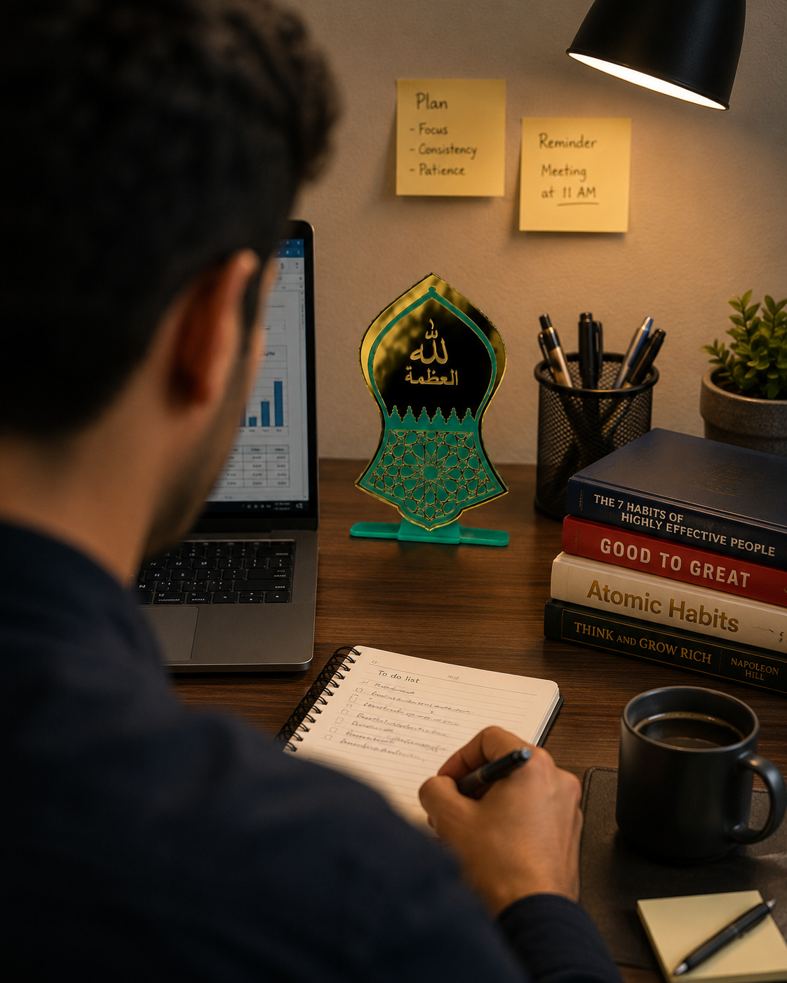 Nalain Shareef ﷺ Mirror Gold Acrylic Stand on a employee's Desk.