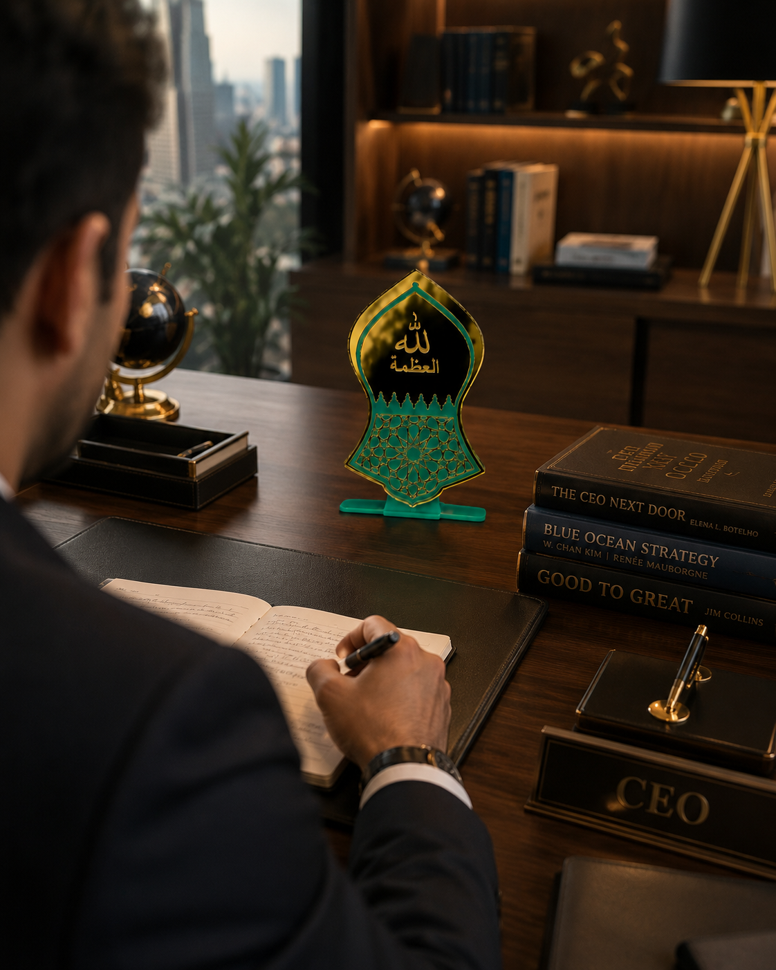 Nalain Shareef ﷺ Mirror Gold Acrylic Stand on an Office Desk