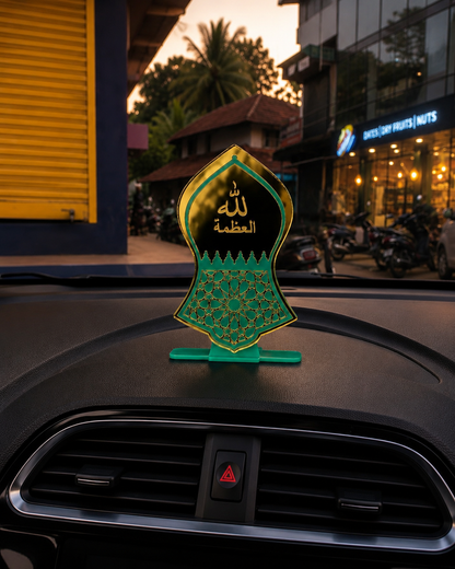 Nalain Shareef ﷺ Mirror Gold Acrylic Stand on a Car Dashboard
