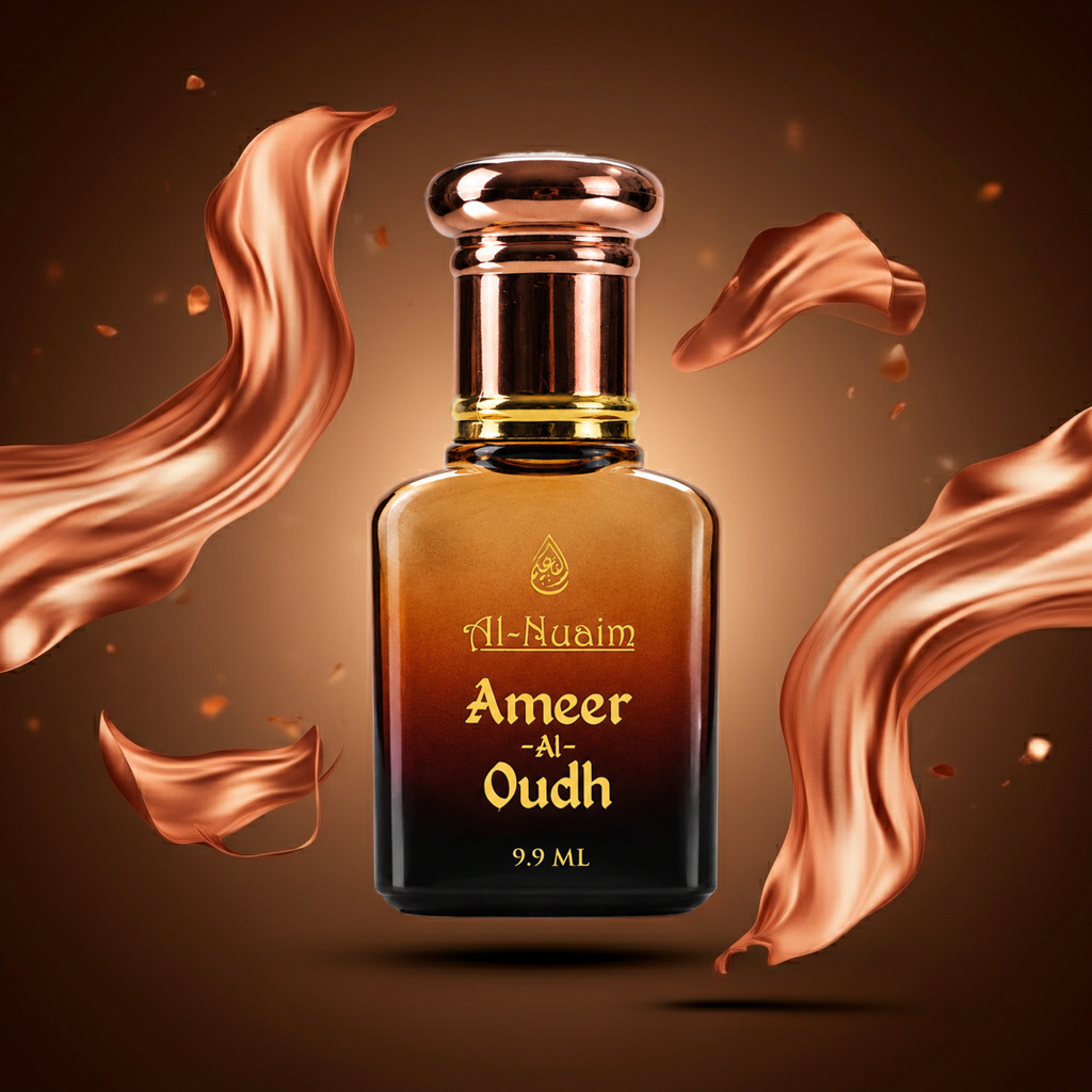 Perfume bottle labeled 'Ameer Al Oudh' with gold and bronze design elements on a brown background.