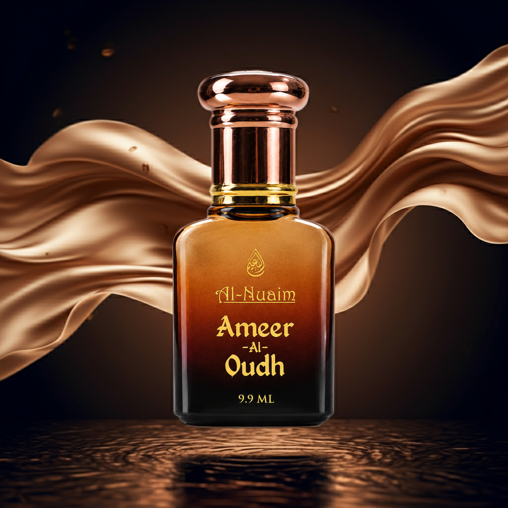 Perfume bottle labeled 'Ameer Al Oudh' with a gold cap on a dark background