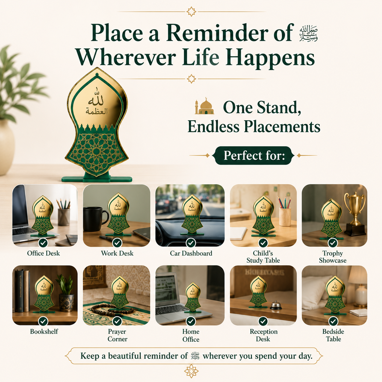 Placement Details of Nalain Shareef ﷺ Mirror Gold Acrylic Stand