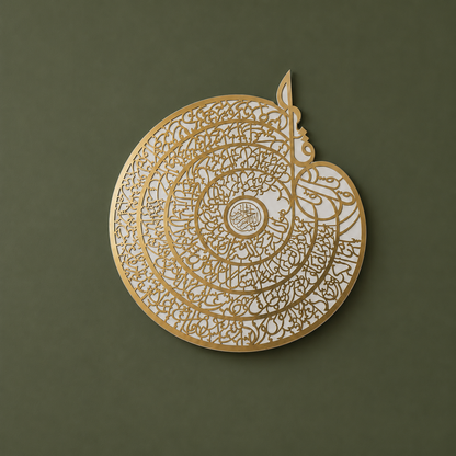 The Four Quls Islamic wall art in mirror gold acrylic displayed in a modern living room.