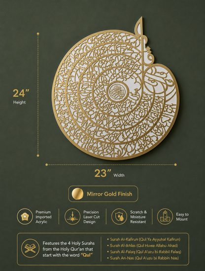 Premium Four Quls acrylic wall art showing dimensions and mirror gold finish.