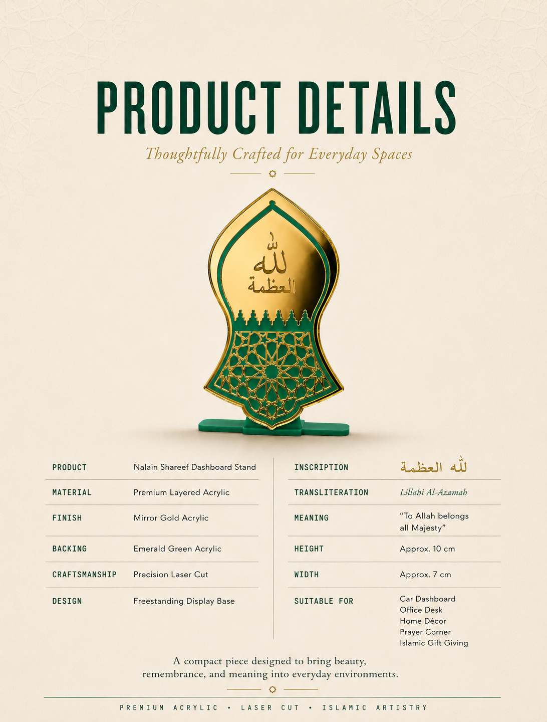Decorative dashboard stand with Islamic art design on a beige background