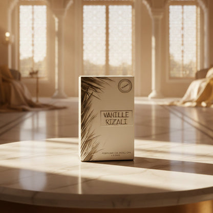 Vanille Rizali box on a marble table with a grand room in the background
